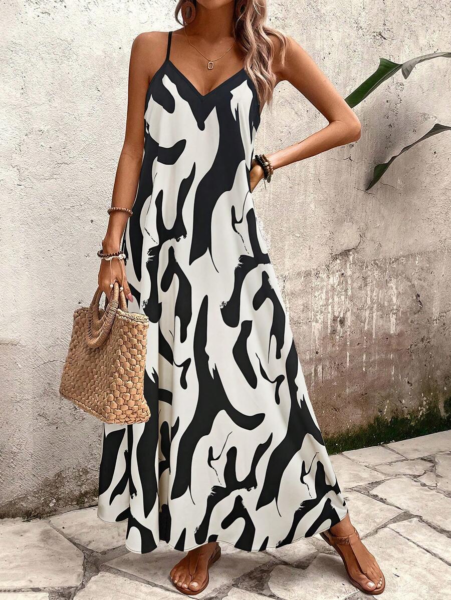 Elena | Robe d'Été à Bretelles Fines, Dos Nu et Imprimé Graphique - Beauté Sculptante