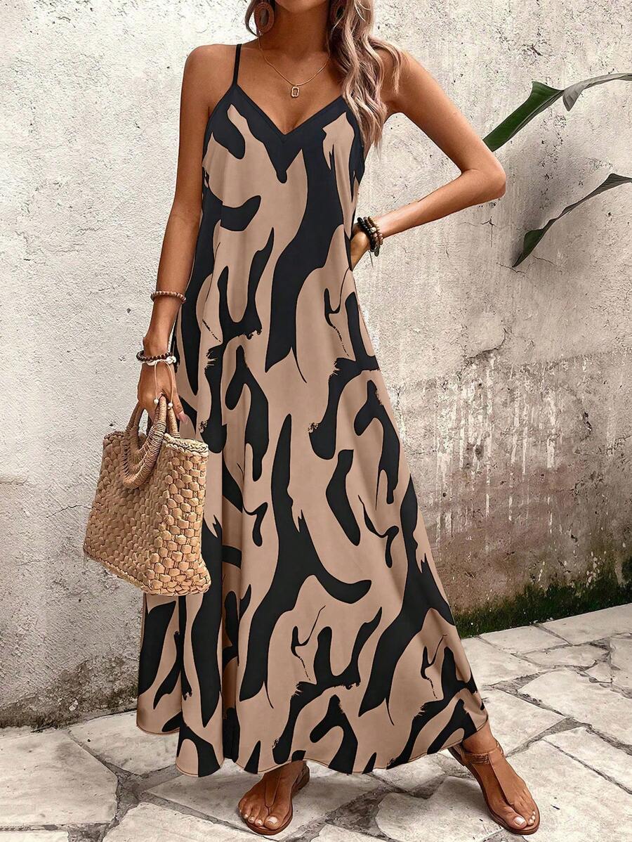 Elena | Robe d'Été à Bretelles Fines, Dos Nu et Imprimé Graphique - Beauté Sculptante