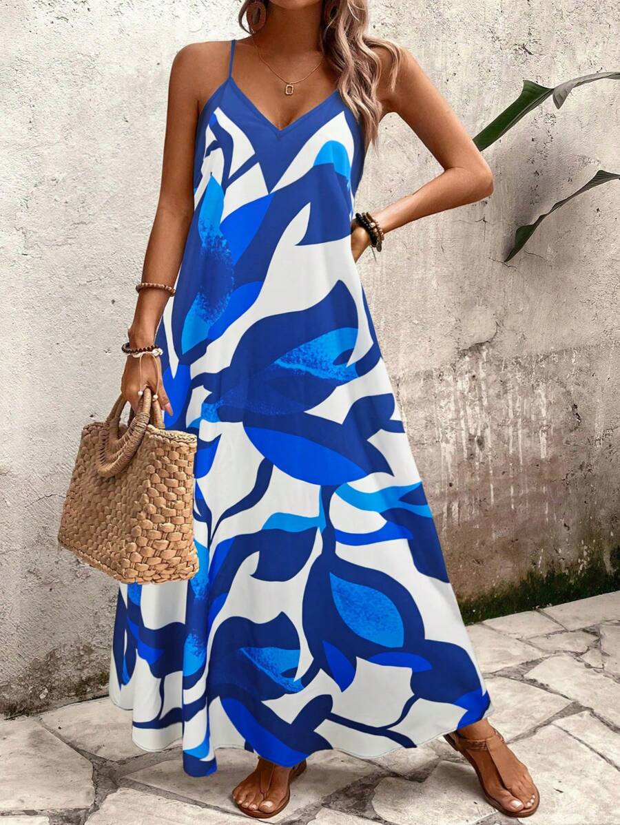 Elena | Robe d'Été à Bretelles Fines, Dos Nu et Imprimé Graphique - Beauté Sculptante